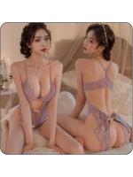 【癒しフル】 ボディースーツ セクシーランジェリー レディース 前扣き 胸パッド付 レース透け感 Vネック オープンクロッチ 胸元＆ヒップ露出 蝶結び 紫色 エロチック 過激 誘惑 コスチューム カップル用F194｜storeago00363h79gge8uua