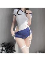 【癒しフル】 ブルマ セクシー コスプレ 体操着 体操服 ブルー 過激 エッチ エロい 可愛い 半袖 女子校生 制服 レディース 下着 ストッキング 2点セット フリーサイズ9147｜storeago00363vy6upa220z