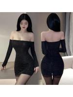 【癒しフル】 グリッターオフショルダー ボディコンミニドレス＆ニーハイ網タイツ＆Tバックセット 超セクシーコスチューム 挑発的な F737｜storeago0039206hzffjtal