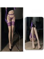 【癒しフル】 超薄型メッシュサスペンダーストッキング（肌色・紫） オイリー テカテカストッキング オーロラ美脚 オープンガータースタイル F516｜storeago003925s0d974bkm