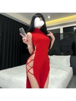 【癒しフル】 過激 ロングドレス チャイナドレス風 【両サイド深スリット/編み上げ】 腰見せ 大胆露出 悩殺 タイト セクシー コスプレ 衣装 レッド F859｜storeago003926h51yux4h3