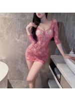 【癒しフル】 過激 ボディストッキング ミニドレス 【愛されピンク/花柄レース】 七分袖 蝶 バタフライ 穴あき 透け感 シースルー セクシー ランジェリー 桃色 F861｜storeago003927k0qrlzg0c