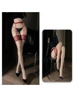 【癒しフル】 超薄型メッシュサスペンダーストッキング（肌色・赤） オイリー テカテカストッキング オーロラ美脚 オープンガータースタイル F517｜storeago00392dknalzth33