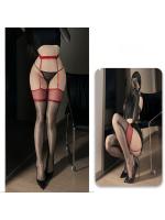 【癒しフル】 光沢シアー 超薄型メッシュサスペンダーストッキング（黒・赤） オイリー テカテカストッキング オーロラ美脚 オープンガータースタイル F515｜storeago00392gk8grb4p3n