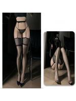 【癒しフル】 光沢シアー 超薄型メッシュサスペンダーストッキング（黒） オイリー テカテカストッキング オーロラ美脚 オープンガータースタイル F514｜storeago00392i4020sosnh