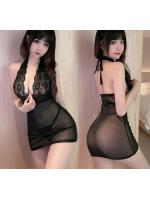 【癒しフル】 レース×ラメシースルー ホルターネック ミニドレス（ラメ黒）（Tバック付き） ラメ入り 魅惑的なシースルーミニスカート 超薄型セクシーコスチューム F558｜storeago00392l8mxi7273p